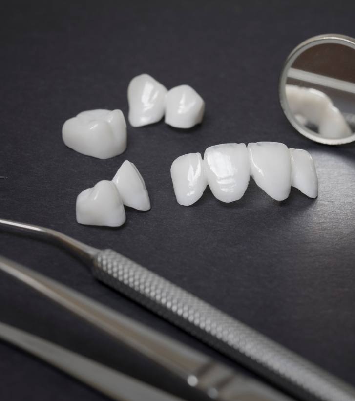 Several white dental crowns on table