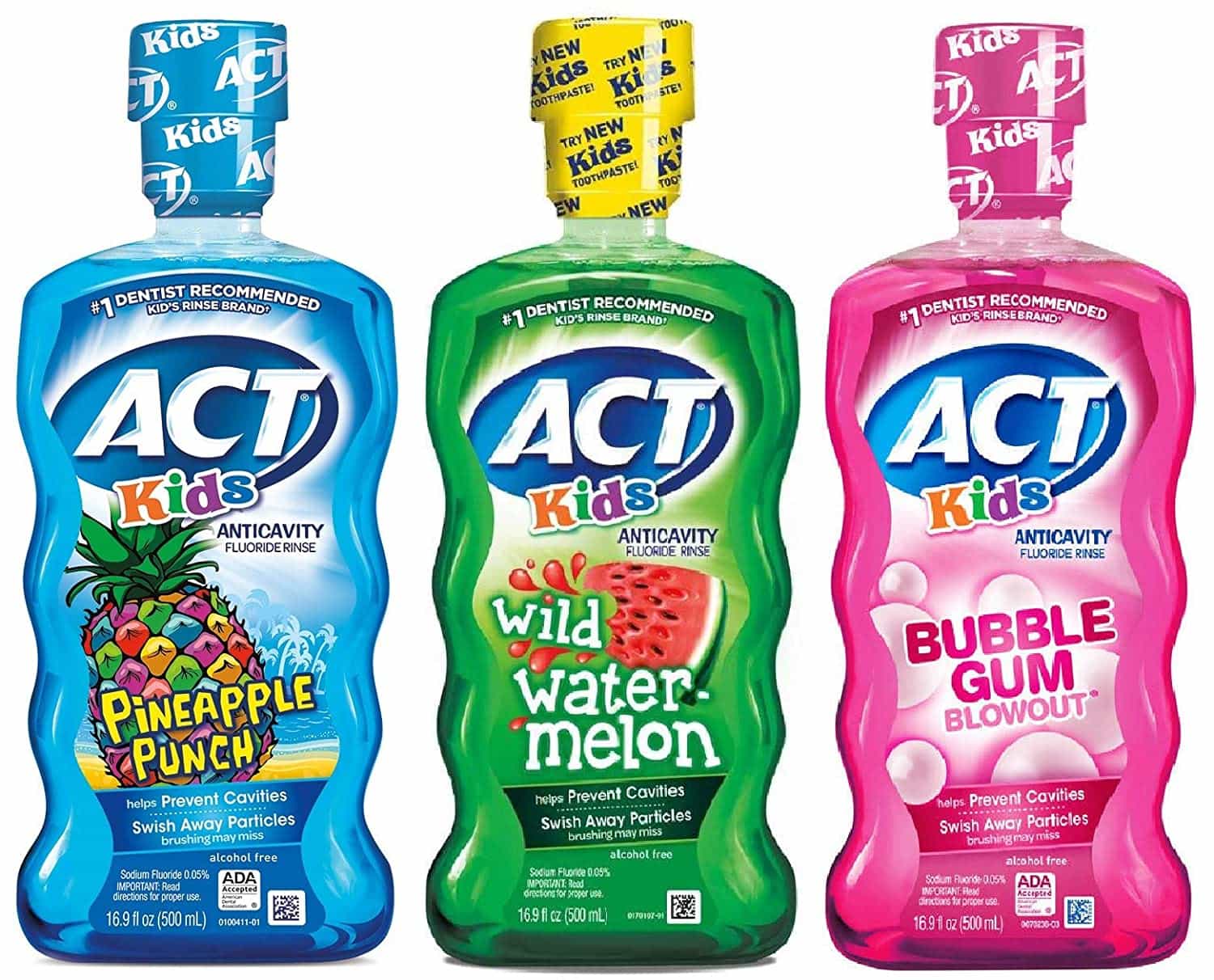 Several bottles of A C T mouthwash for kids