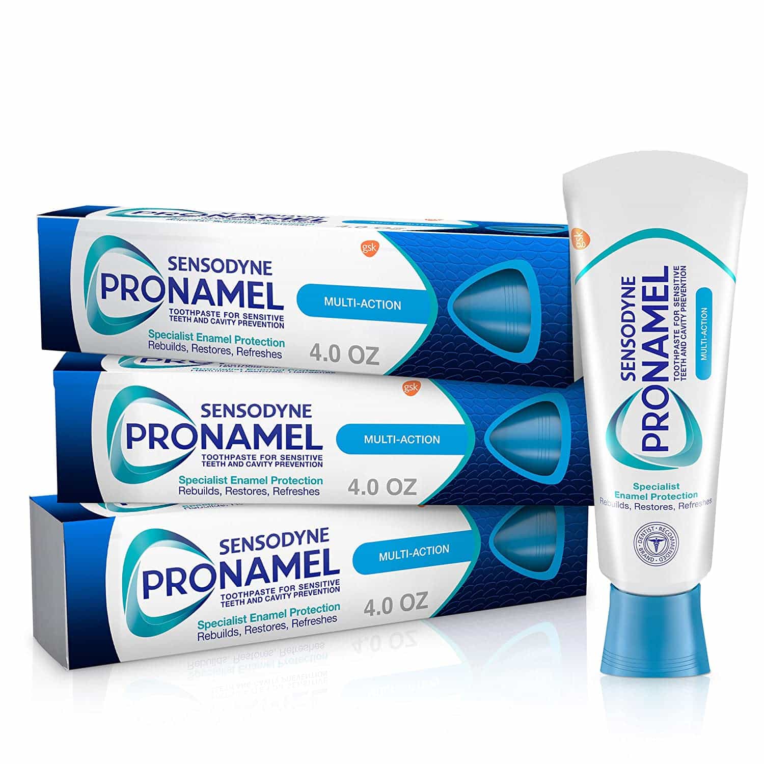 Blue tubes of Sensodyne S L S Free toothpaste