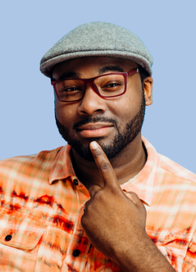 Man in golf cap holding a finger to his chin