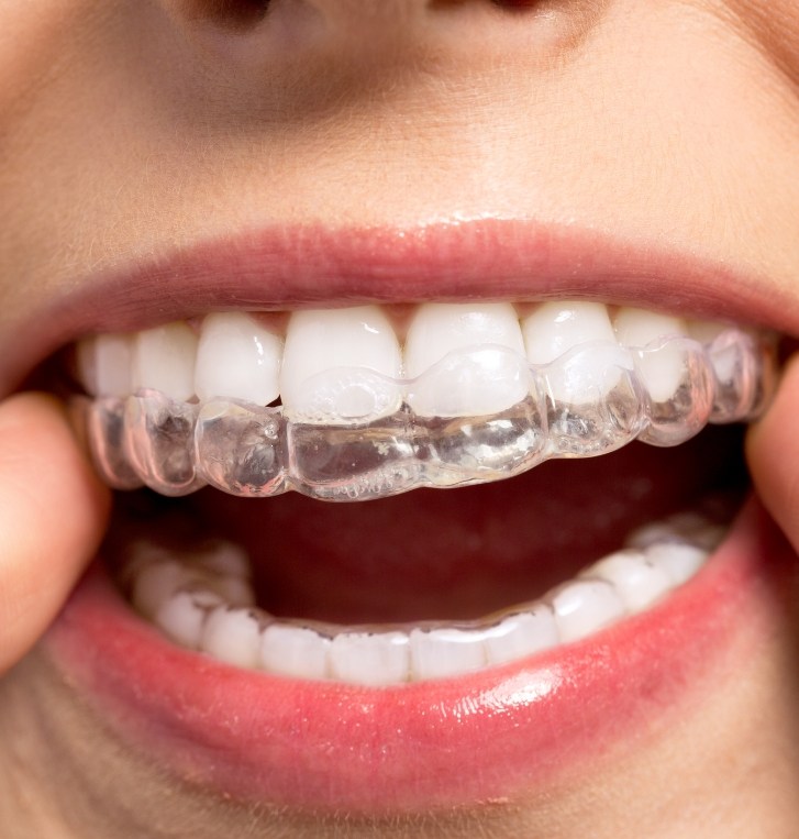 Closeup of person placing clear aligner on top row of teeth