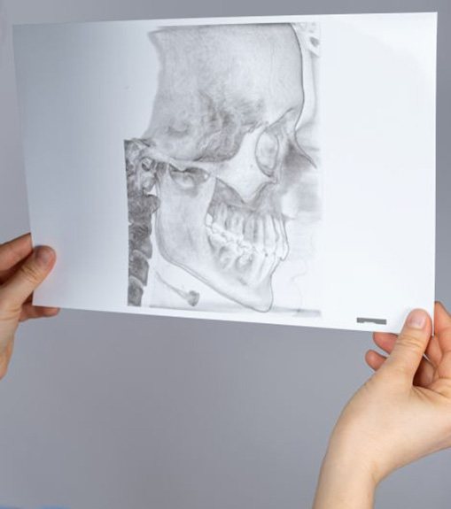 Dental professional looking at diagram of human skull